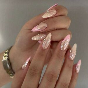 Baby Pink & Pearl Textured French Tip Almond Nail Kit |Press-On Nails | New